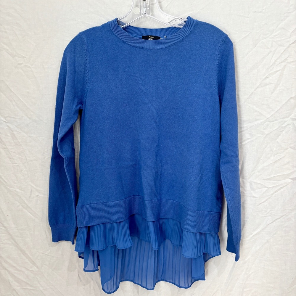 Milano Italy Blue Crewneck Sweater Wool Blend Pleated Chiffon Peplum Hem Small
